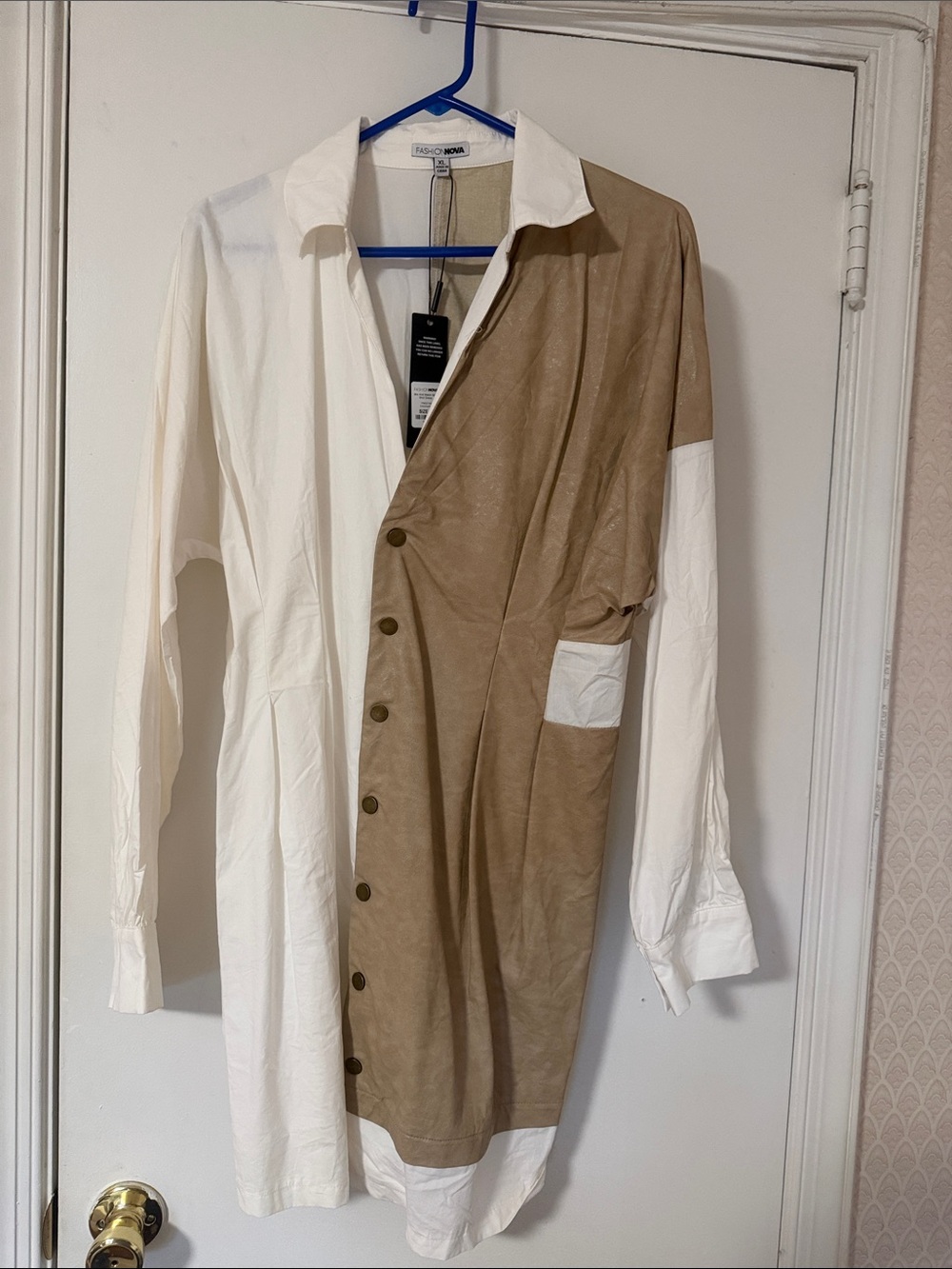 Fashion Nova Two-Tone White and Tan Button-Down Shirt Dress